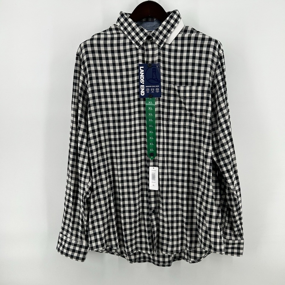 Lands End Brushed Twill Shirt Mens XL Black White Gingham Check Heritage NWT